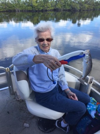 Mrs Helen Riley at age 91 the eldest person to fish with Capt Troy