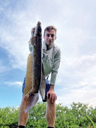 Josh Patrick with a Tamarac snakehead caught on an artificial frog