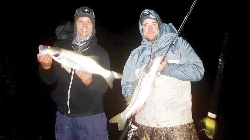 Friends William Hawley and Justin Ritchey doubled up on Snook from Sebastian Inlet both caught on a custom bucktail from T&A Lures.