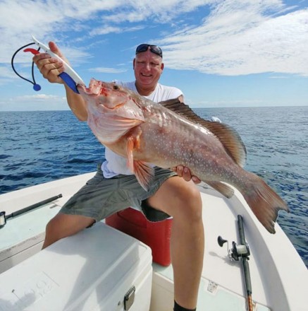 Glenn with a fine red grouper on the opening day of fall snapper season on the C-note boat.