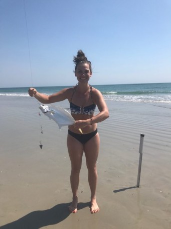 Mallory Hewell's first legal Pomp...a 19 incher caught off Camera Rd B at CCAFS while fishing with Mom (Debi), Dad (Mike) & her friend Melody Harnish.
