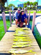 Newlyweds Jayme and Hagen with the 10 mahi they caught trolling and pitching sardines along a nice weed line in 620 feet off Palm Beach on Capt. Willie’s Charters.