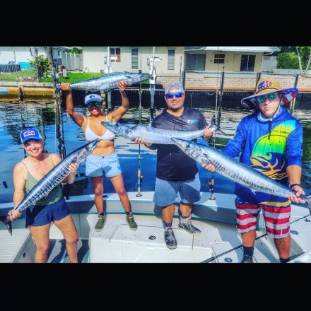 Epic day for the On Point Fishing team. Captain Jeff Hussey caught a 20lb wahoo on the short kite in 80ft, anglers Alexis Hussey and Stephanie Berrios caught their first wahoos on planners (15lb and 12lb in 160ft) and angler Billy Berrios caught his 25lb slob on a naked rigged ballyhoo in 130ft.Â