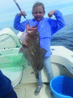Allie Selvog, 7yo, 35 miles off Sarasota, with Capt. Arthur Schwartz (aka Grandad).