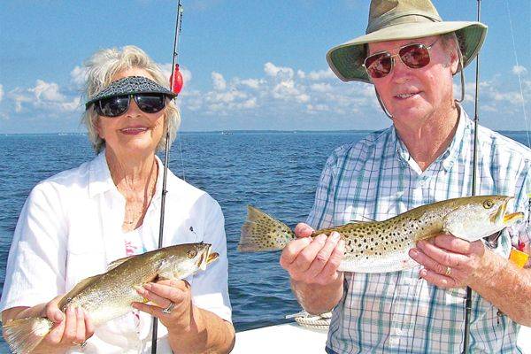Caption Dot and Jack Stewart of Valdosta, G. with a True “Double” Hers, a sandtrout; his, a Speck 10/18/13