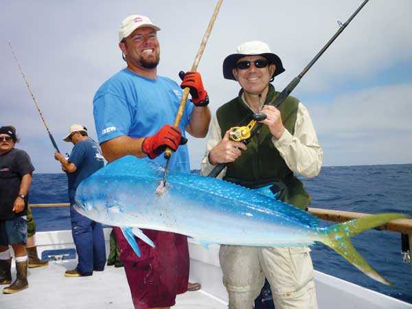 Searcher crewman Aaron Remy L does the gaffing honors for Tom Niedzalek of Fullerton on a spectacularly colored dorado during the 6 day Penn Fishing University excursion