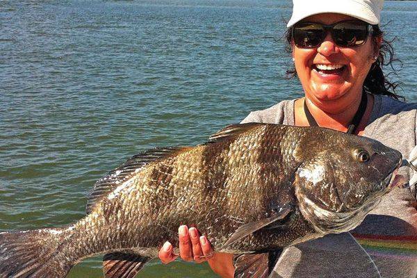 Teresa caught a 10 lb. Black Drum in the Edgewater Backcountry with Capt Michael Savedow.
