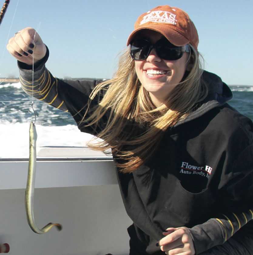 Kelley Presley.eel.Wounded Warriors. Montauk: Live eels make great bass baits any time of the year. For mid-summer, they are best used after dark. During the fall months, they can be very effective even on daytime drifts