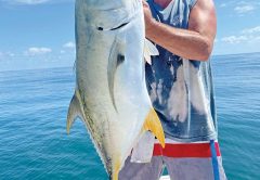 Tommy Miano hooked this 29-pound jack 14 miles off Cape Canaveral in 70 feet of water on light tackle with a 1-1/4 oz. buck tail and a live shrimp.