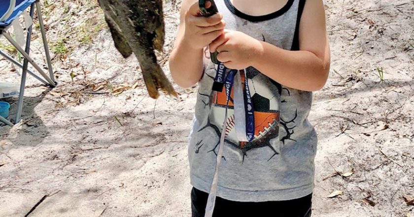 Four-year-old Sawyer Bass caught his first 10-inch sunfish using worms in a canal in Canaveral Groves.