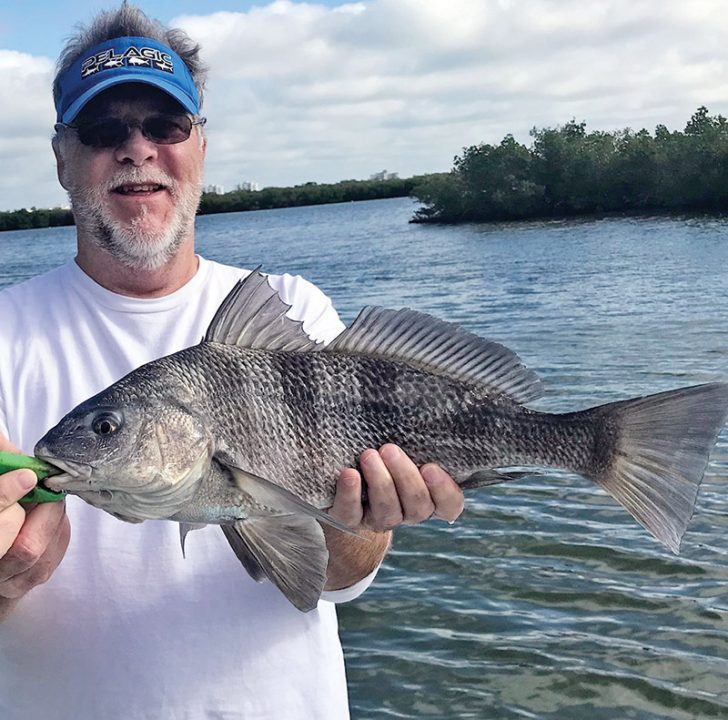 Bryan with a nice black drum he caught fishing the Edgewater Backcountry with Capt. Michael Savedow.
