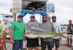 Crew aboard The Other Woman—Doug Relick, Blake Relick, Code Scholer and Clayton Schlitt— with their 31.38 pound first place mahi mahi. (Not pictured, Rory Mueller.)