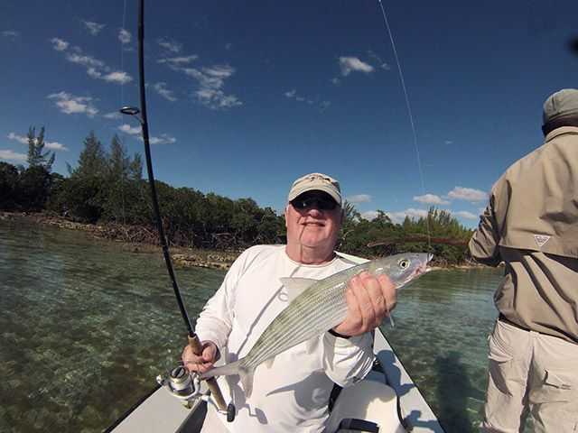 Mike Edgerly’s first bonefish on the flats of East Grand Bahama. PHOTO CREDIT: Firefly Bonefishing.