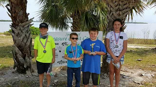 1st place, Nicholas Rosario; 3rd place, Jeremy Beausolie; Biggest Fish, Marcus Schurbart, and 2nd place, Ciara Franqui. PHOTO CREDIT: Treasure Coast Casters.