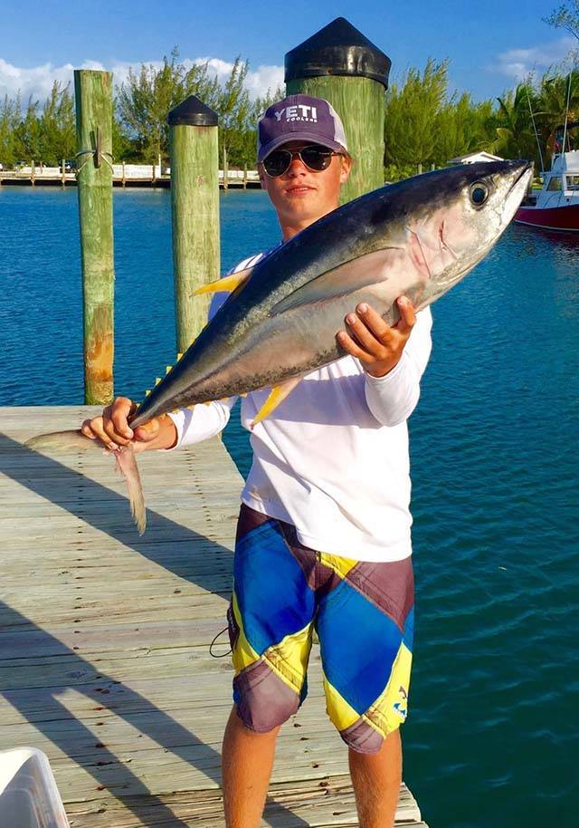 Team Gotcha nabbed this yellow fin tuna on the Atlantic side of South Eleuthera and enjoyed a fresh dinner at Frigates Bar and Grille at Davis Harbour Marina. Photo courtesy of David Harbour and Marina.
