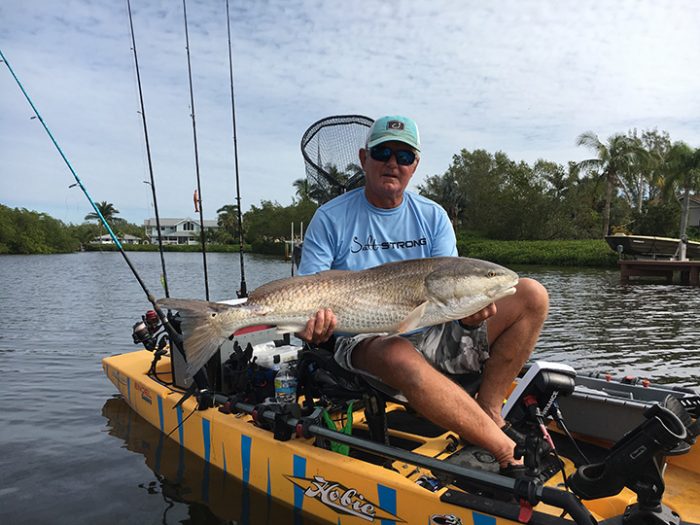Tim Graul with a 42-inch red, his biggest yet, caught in south Vero Beach while fishing in his Hobie kayak with a MirrOlure MirrOdine. The red took Tim for about a 15 minute ride. Fish was successfully released. PHOTO provided by Tim Graul.