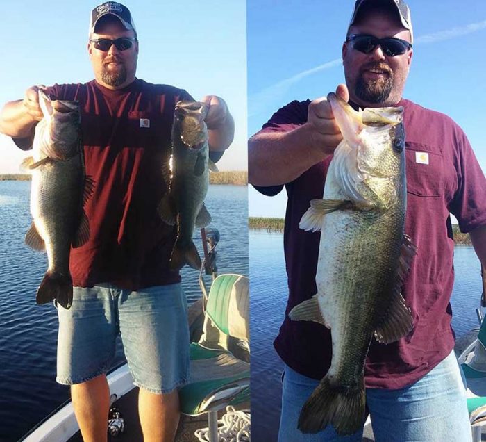 Chris Shaw with a 7.4-pound bass. Photo credit Capt. Eddie Perry.