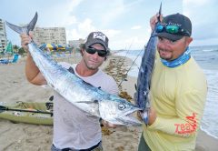 Joe Hector and Brian Nelli with a pair of kingfish caught from kayaks.