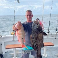 This angler doubled up with a mutton snapper and a black grouper with the Fishing Headquarters crew.