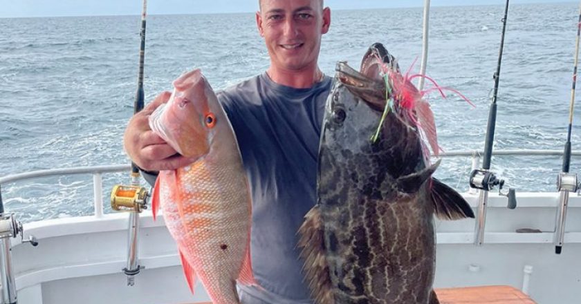 This angler doubled up with a mutton snapper and a black grouper with the Fishing Headquarters crew.