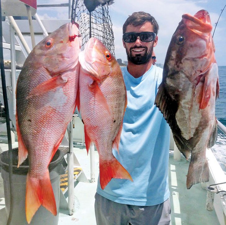 Solid mutton snappers and nice red grouper caught aboard the Catch My Drift.