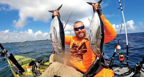 Shaun Roles caught twin tunas on the slow pitch from his kayak.