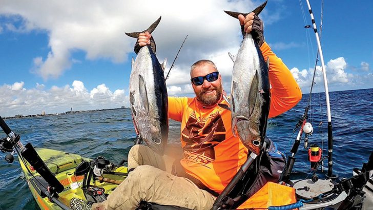 Shaun Roles caught twin tunas on the slow pitch from his kayak.