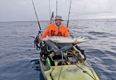 Shaun Roles scored a solid wahoo on a live gog in 250 feet off Pompano Beach.