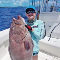 14-year-old Katelyn Rosado caught a huge mystic grouper while deep dropping in Bimini.