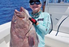 14-year-old Katelyn Rosado caught a huge mystic grouper while deep dropping in Bimini.
