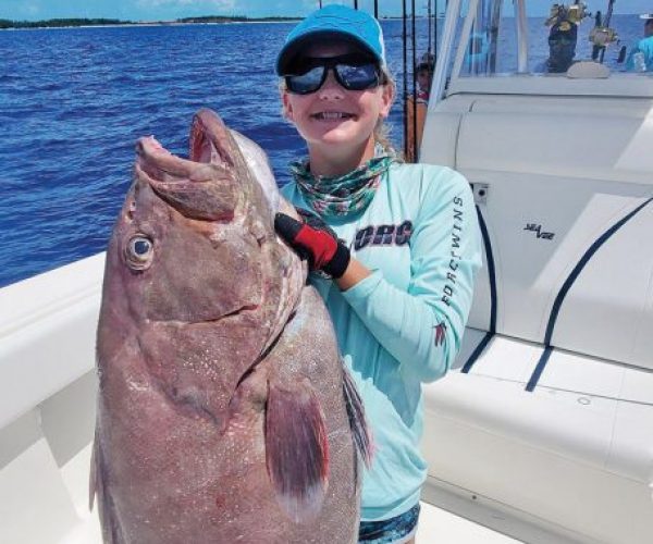 14-year-old Katelyn Rosado caught a huge mystic grouper while deep dropping in Bimini.