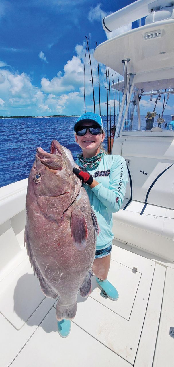14-year-old Katelyn Rosado caught a huge mystic grouper while deep dropping in Bimini.
