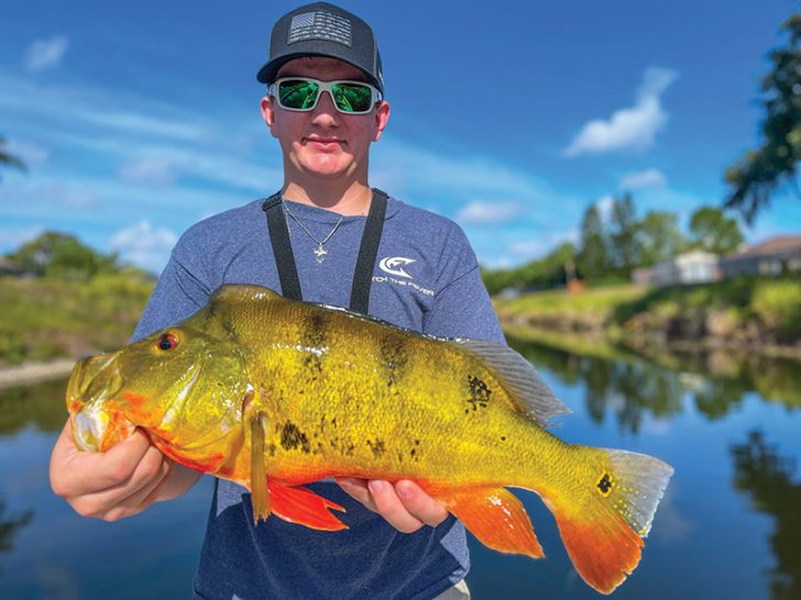 Shawn Issacs with a 7-pound peacock caught while fishing with Capt. Johnny Stabile.