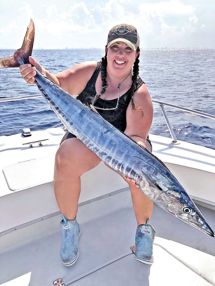 Tiffany Reed caught this nice wahoo by pulling a planer in 950 feet off Fort Lauderdale.