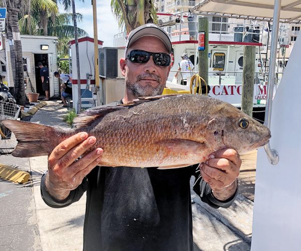 Waylan with a big mangrove snapper he caught on the Catch My Drift.