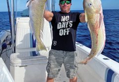 Two big golden tilefish caught deep dropping with Family Jewell Sportfishing.