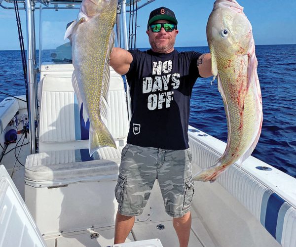 Two big golden tilefish caught deep dropping with Family Jewell Sportfishing.