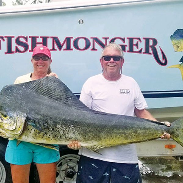 After trolling off of the Florida coast for 48 years, the Beckers’ efforts were rewarded with this 73.3 lb. mahi. An hour battle ensued on a Penn #30 off of Sebastian. Truly a team effort — and the catch of a lifetime!