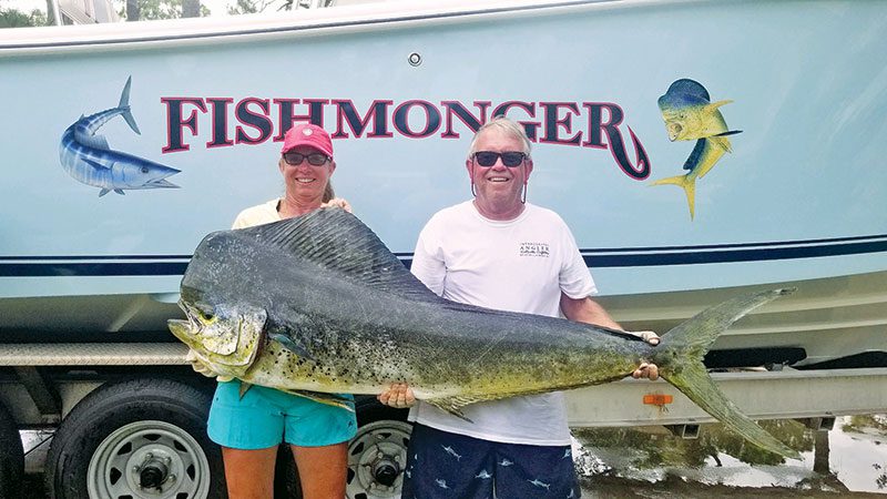 After trolling off of the Florida coast for 48 years, the Beckers’ efforts were rewarded with this 73.3 lb. mahi. An hour battle ensued on a Penn #30 off of Sebastian. Truly a team effort — and the catch of a lifetime!