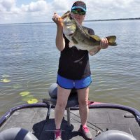 This 9.8 pound largemouth bass was hooked on a Texas rigged plastic worm.