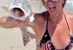 Katie Santure celebrated during her birthday weekend by catching this 40-inch redfish on a Penn passion off the beach in Melbourne.