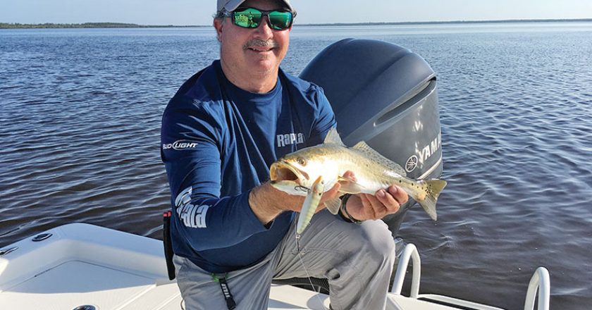 Smaller top water plugs like this 8 cm Rapala Skitter Walk often fool speckled chunks like this one Capt. Jim Ross caught in the Banana River Lagoon.