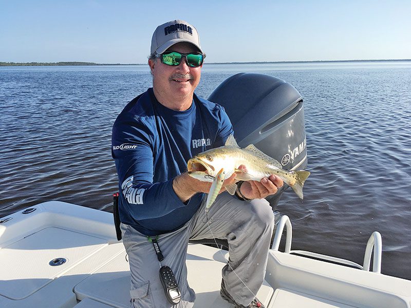 Smaller top water plugs like this 8 cm Rapala Skitter Walk often fool speckled chunks like this one Capt. Jim Ross caught in the Banana River Lagoon.