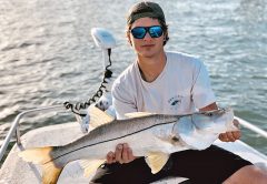 Justin Manna caught this respectable snook in the Port from his new 16-ft. Carolina Skiff using a live threadfin herring/greenie. He has a lot of respect for this fish and provided him with a quick release back.