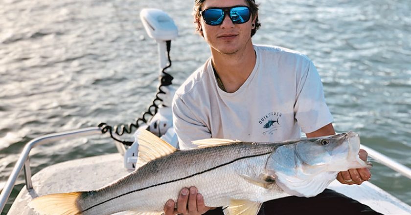 Justin Manna caught this respectable snook in the Port from his new 16-ft. Carolina Skiff using a live threadfin herring/greenie. He has a lot of respect for this fish and provided him with a quick release back.