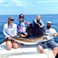 Kaytlyn, Katelin, Brantley and Ronnie hooked this nice 80-90 lb. sailfish out of Sebastian in 400ft. of water.