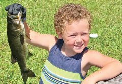 Five-year-old Zeke Thoms caught this dandy largemouth bass all by himself using his grandpa’s shiners provided by Oyster Island Bait & Tackle.