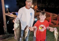 Barron Cox and son TJ with with some nice Talquin bass, with one over 8 lbs. that qualified for the Florida Trophy Program.