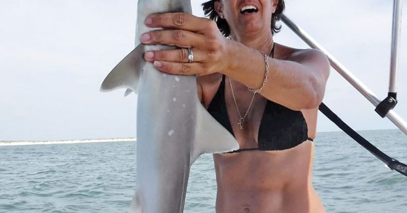Cinda making friends with our local sharks.