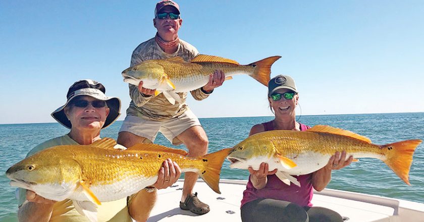 Demp, Traci and Frank from Leesburg, GA, tripled up on big bull reds off Cape San Blas.